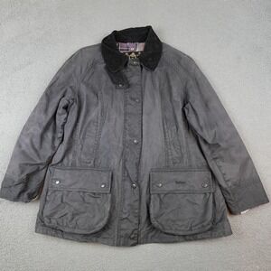 Barbour Beadnell Waxed Jacket Womens 14 Black Tartan Corduroy Collar England